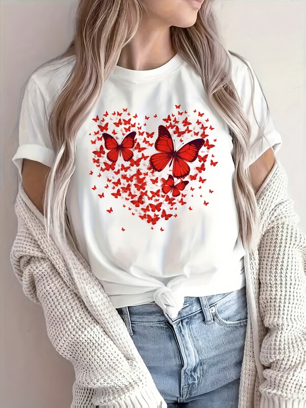 【Cross-Border European Size】Platinum Blonde Female White T-Shirt Decorated with Heart and Butterfly Patterns—Red 【Cross-Border European Size】Platinum Blonde Female White T-Shirt Decorated with Heart and Butterfly Patterns—Red