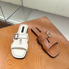 欧洲站XJ女鞋26夏季时尚一字带软头层牛皮方头休闲舒适款平底拖鞋