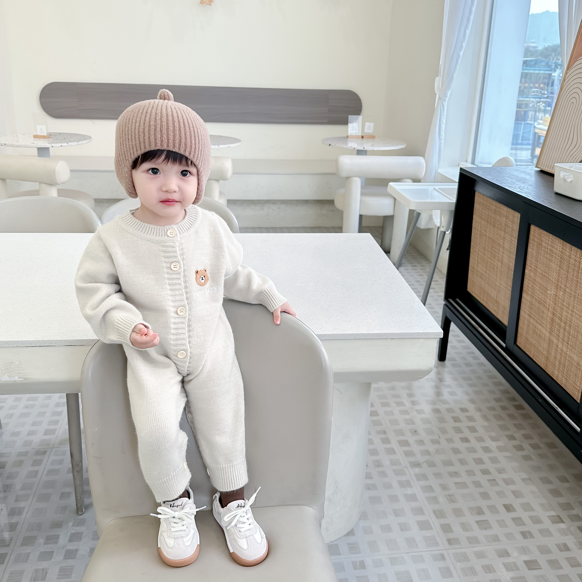 INS estilo bebé Otoño e Invierno ropa serie oso mameluco de punto bebé suéter cardigan abrigo salida mono