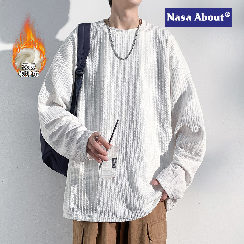 NASA Autumn and Winter New Silver Fox Velvet Trendy Casual Long-sleeved T-shirt Men's Loose plus size Solid Color Texture Top