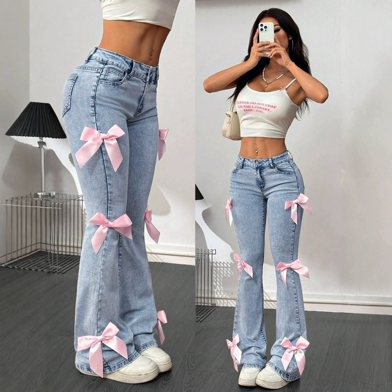 Cross-Border Exclusive Supply of Y2K Hot Girl Pink Bow-Knot Flared Jeans for Women, High-Waisted Slim-Fit Light Blue Washed Bell-Bottom Pants