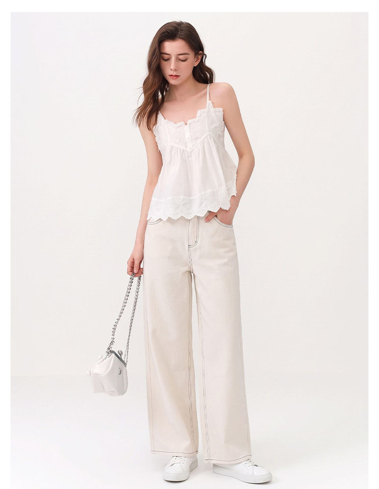 Quần jeans nữ ống rộng lưng cao dáng suông có đường chỉ nổi — Gạo trắng chi tiết 10