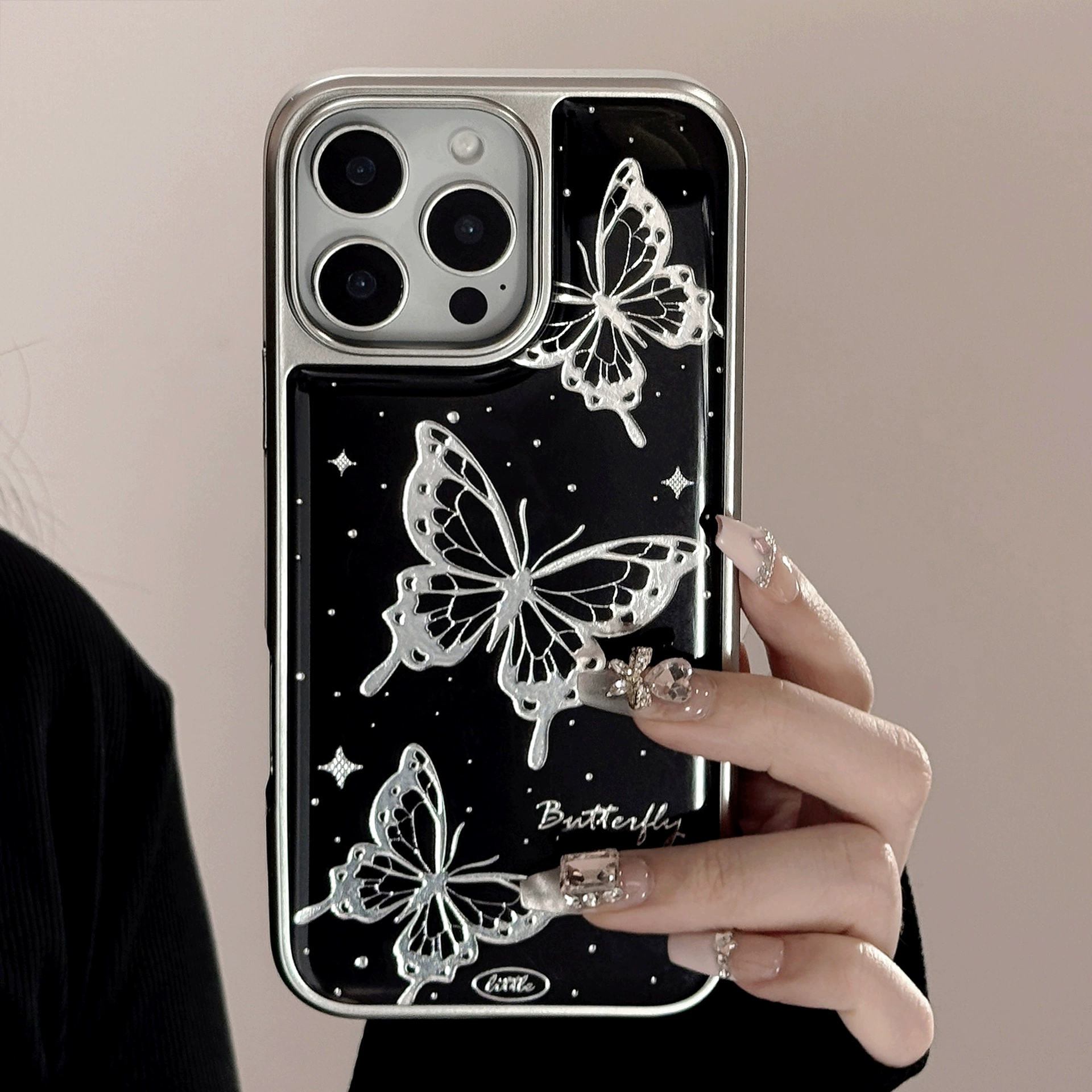 Чехол для телефона совместим с iPhone/Huawei/Samsung, серебристая рамка с ажурными бабочками