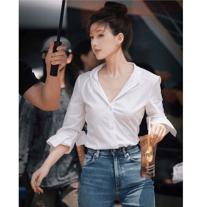 Zhao Lusi Xu Me Dazzling Xu Yan Same Style White V-Neck Chic Shirt Loose Workplace Commuting Versatile Top for Women