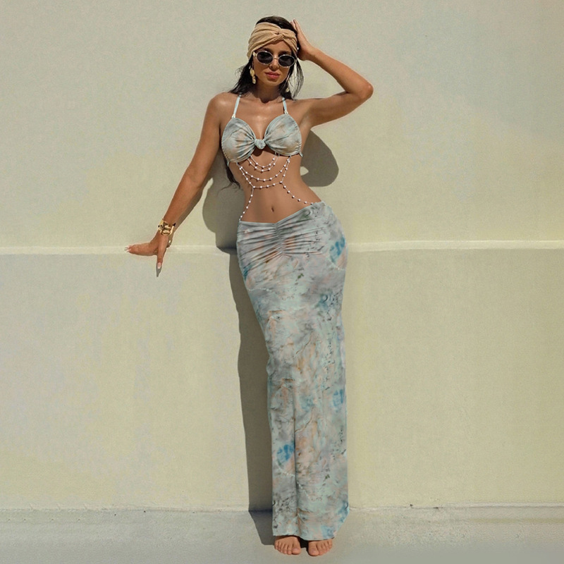 European and American 2025 Spring New Women's Hanging Neck Lace-up Bead Chain Decoration Slim-fit Backless Sexy dress Women