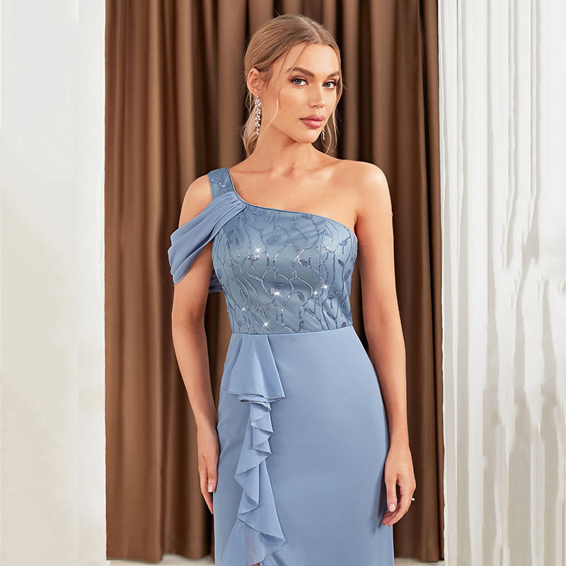 Vestido de noche para mujer, nuevo estilo, de alta gama, elegante, con hombros descubiertos, de un solo hombro, con abertura lateral, vestido para anfitriona de reunión anual