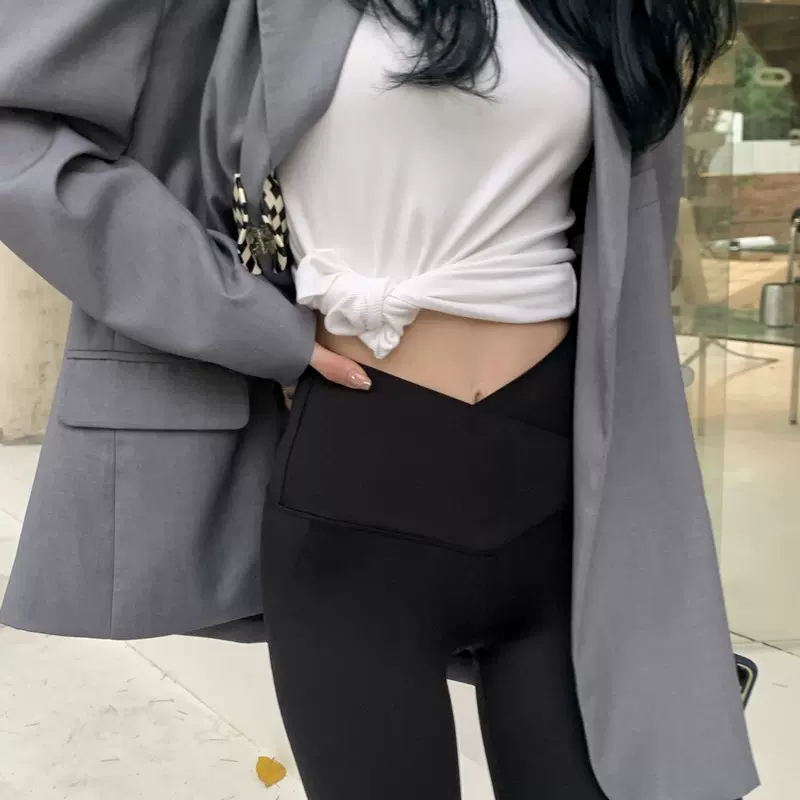 小脚裤女高腰收腹提臀裤紧身芭比裤黑色打底裤女外穿春春款鲨鱼裤