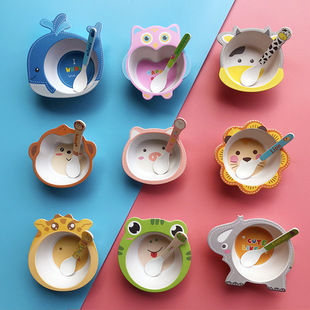 Cute Cartoon Bamboo Fiber Children's Bowl and Spoon Set Household Baby's Dining Bowl Children's Food Bowl Soup Bowl