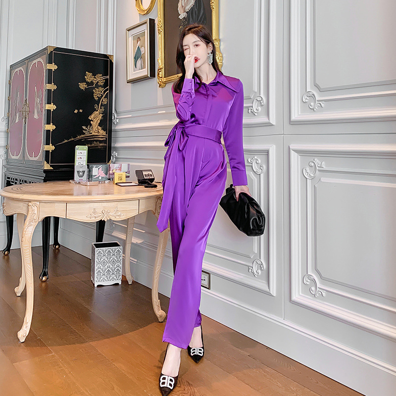 Set áo sơ mi tay dài kết hợp quần ống rộng cạp cao nữ thanh lịch — Màu tím