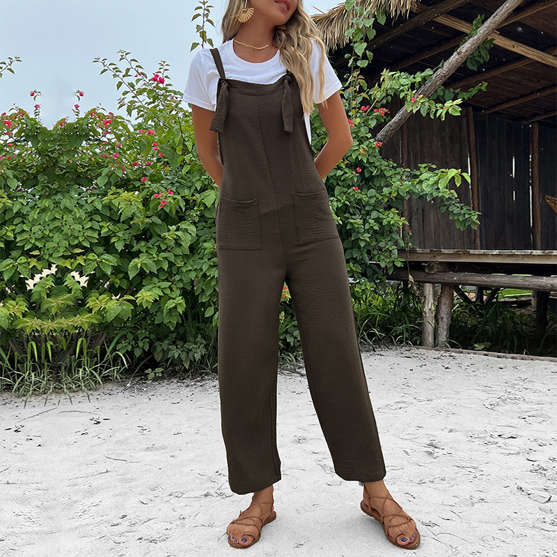 Solid Color Pocket Nine-point Straight Overalls_voghion.com