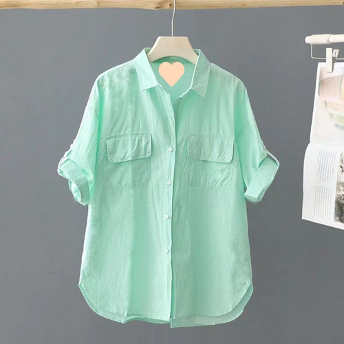 Women's Short Sleeve Solid Color Shirt 2025 Summer Outerwear Design Style Loose Thin Top for Women