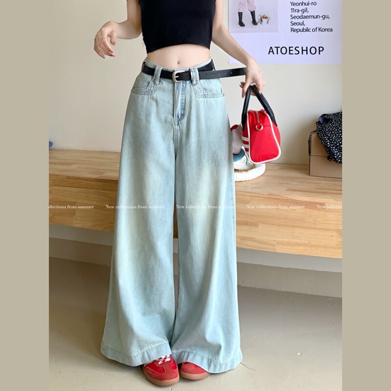 Summer 2025 New Blue Casual Low-Waist Wide-Leg Jeans for Women, Loose, Slim and Versatile Fashionable Floor-Length Trousers