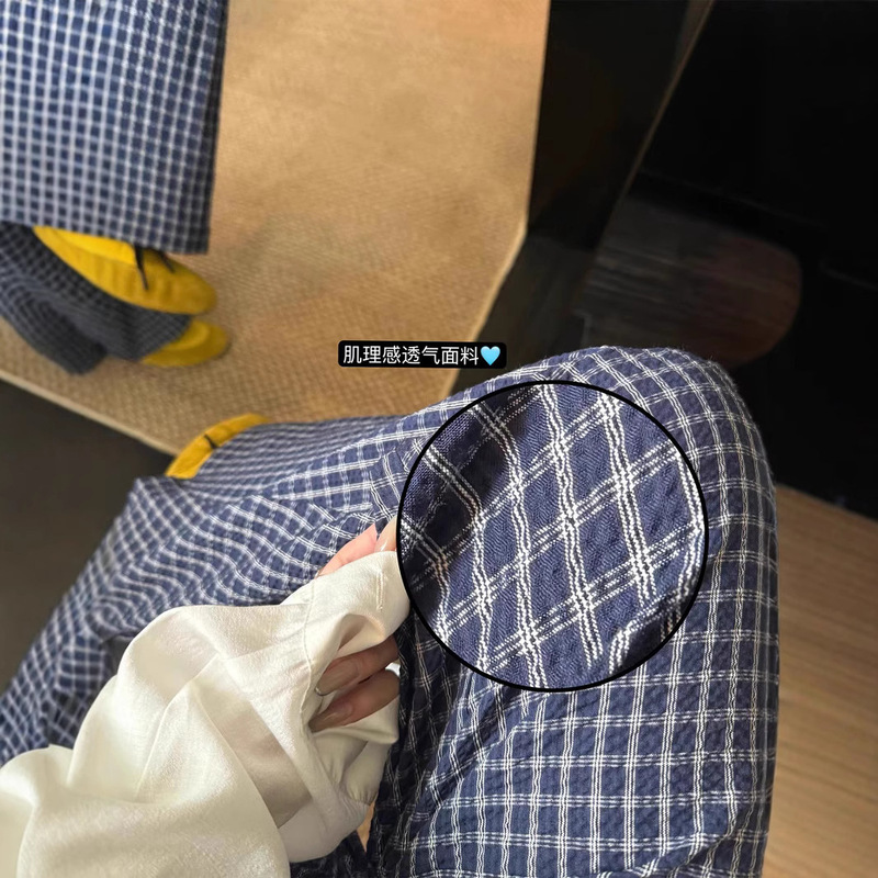 蓝色格子高腰阔腿裤女夏季微皱肌理感宽松坠感镰刀裤休闲裤薄长裤|undefined