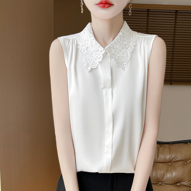 Fashionable Plus-Size Lace Polo Collar Sleeveless Shirt 2025 Spring New Solid Color Sleeveless Vest