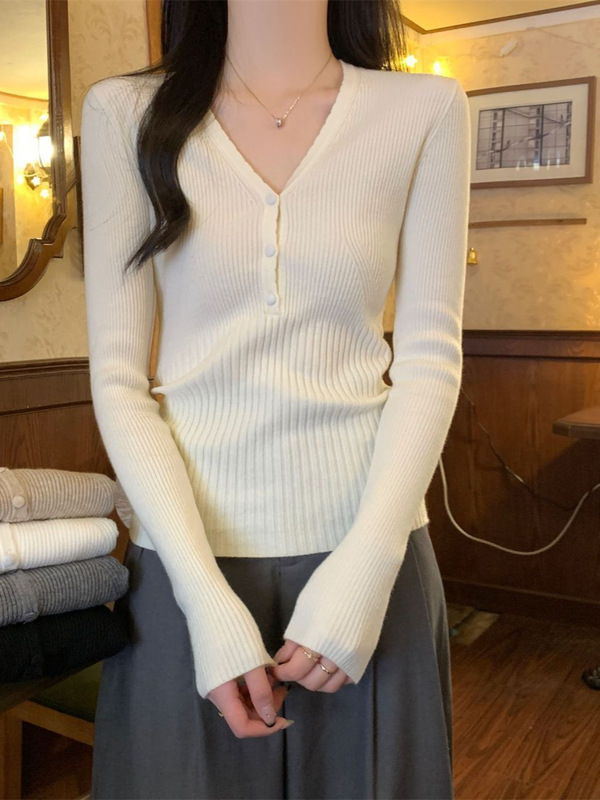 春秋季内搭针织长袖毛衣美式高级感收腰显瘦V领长袖针织打底衫女|undefined
