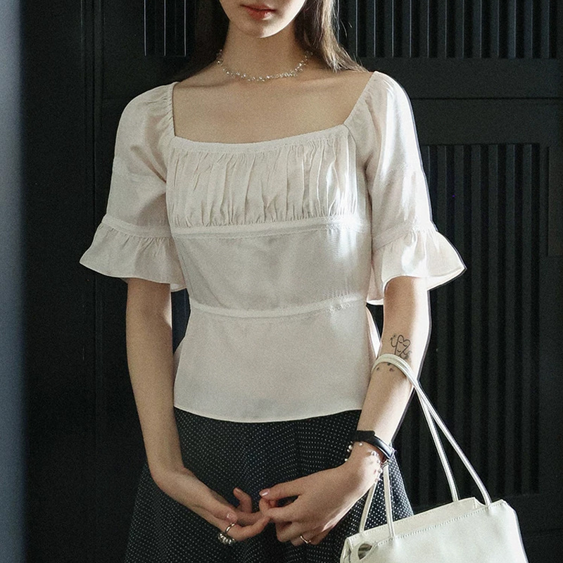 Lalglow Full Acetate French Puff Sleeve Slim Fit Lace Patchwork Short Sleeve Shirt Women's Square Neck Top