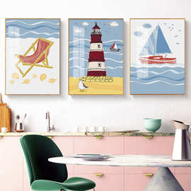 简约现代北欧卡通线条灯塔大海小船儿童房海报装饰画图片画芯喷绘