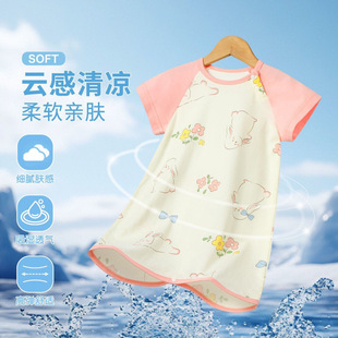 2025 Children's Summer Back Short Sleeve Home Clothes Nightgown Baby Jumpsuit Cartoon Nightgown Baby Anti-Kick Sleeping Bag