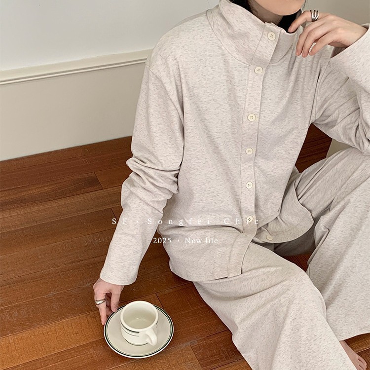 Xiayayan High-Neck Button Cardigan Pajamas for Women Autumn and Winter Long-Sleeved Stand-Up Collar Home Clothes Lyocell Can Be Worn Outside the Two-Piece Set