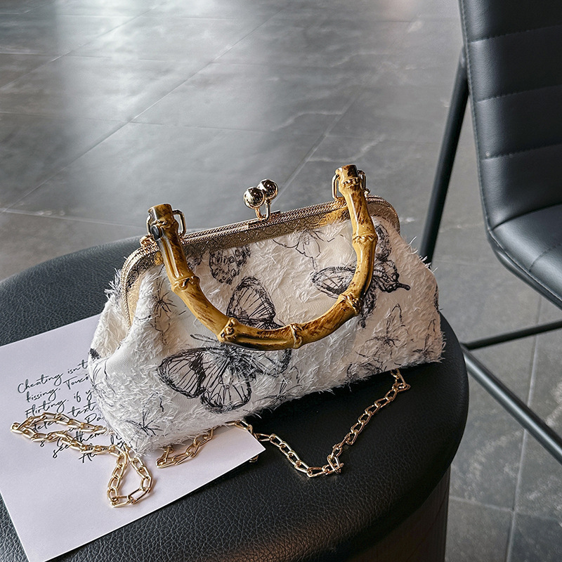 City Shell Bag New National Style Butterfly Theme Embroider Craft Crossbody Bag Bamboo Handle Simple Handbag Women's Bag Work Clothing