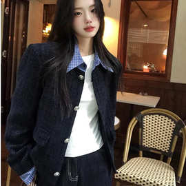 格子领假两件小香风外套女2026春秋新款宽松显瘦气质通勤短款上衣