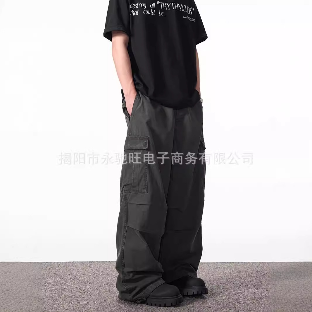 新款水洗做旧美式工装裤2024秋冬季多口袋宽松潮牌cleanfit阔腿裤