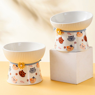 Cat Bowl Ceramic Pet Bowl Large Diameter Cat Food Bowl Dog Food Basin Anti-overturning Protection Cervical Spine Kitten Double Bowl Water Bowl