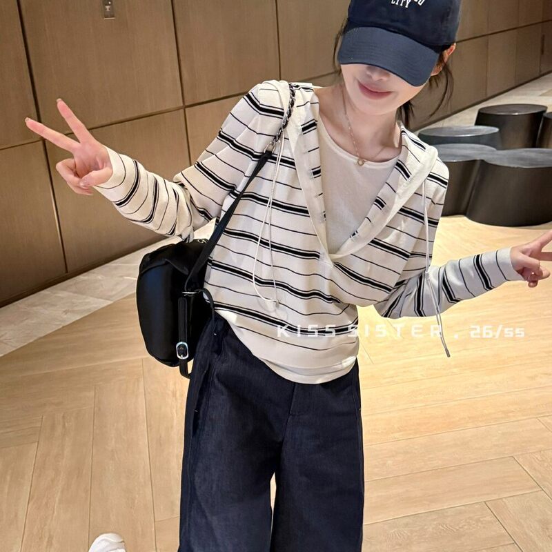 Kiss Sister Spring and Summer Design Loose-Fitting Fake Two-Piece Striped Knit Sweater Women's Hooded Long-Sleeved Pullover Top