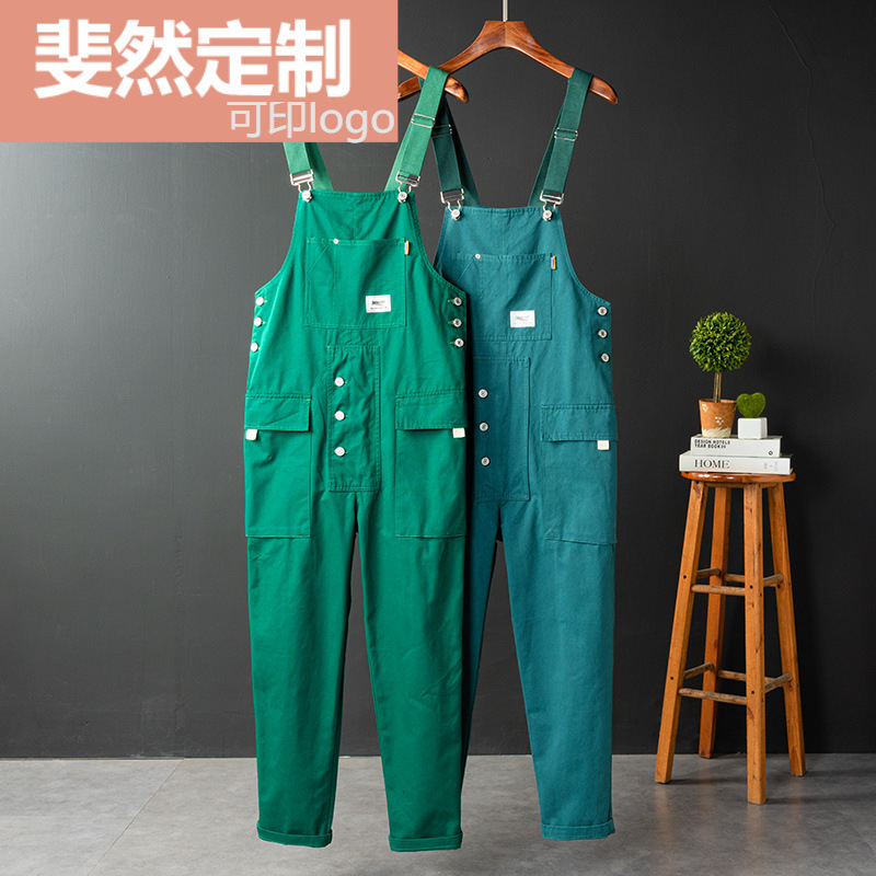 Printed Logo Multi-Pocket Straight-Leg Cargo Casual Pants for Men, Japanese Retro Loose Overalls, Unisex Age-Reducing Suspenders