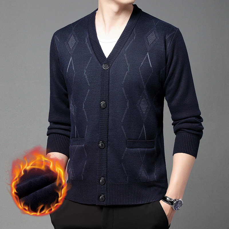 Autumn and Winter Middle-aged Men's fleece-lined Thickened Dad's Grandpa Warm Casual Loose Knitted plus size Cardigan Trendy