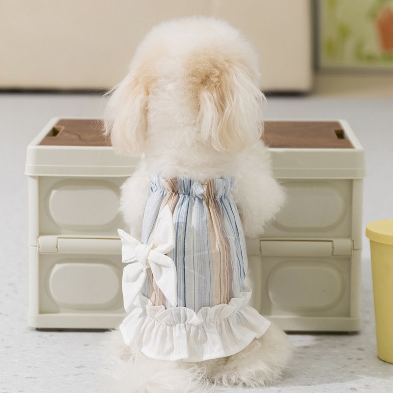 Primavera y verano perros arco de hoja de loto princesa viento vestido pequeño perro rayado gato vestido de mascota