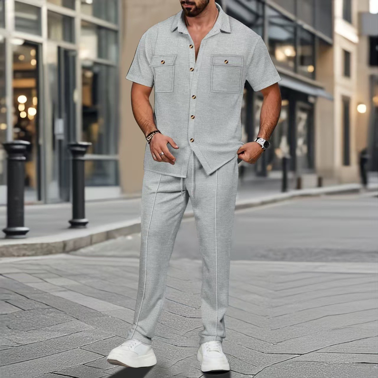 2 Pieces Set Quantity Casual, Daily Occasion Casual Daily Men's Casual Simple Style Solid Color Polyester Pant Co-ord Set