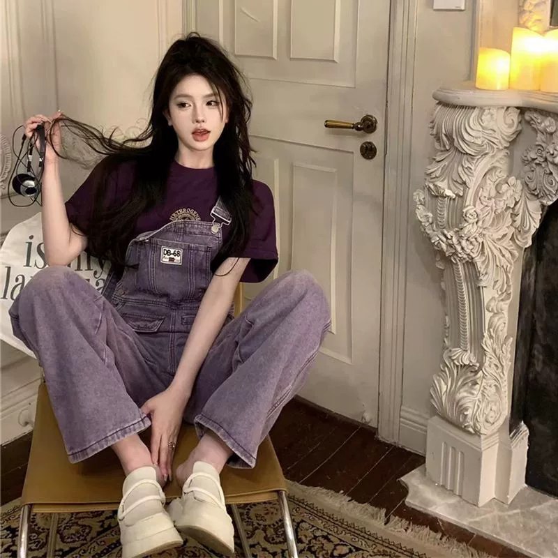 Винтажные нишевые фиолетовые джинсовые комбинезоны для женщин, летний тонкий миниатюрный свободный повседневный комбинезон с широкими штанинами