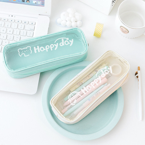ins style simple transparent nylon casual mesh pen bag small fresh multifunctional student exam stationery bag wholesale