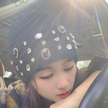 张元英同款水钻兔毛针织帽子女秋冬季保暖百搭显脸小护耳毛线帽潮