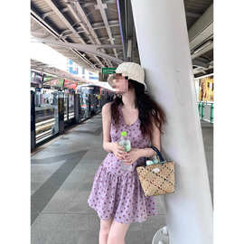 佰搭芋泥奶芙 紫色碎花连衣裙女夏V领小收腰显瘦无袖a字短裙