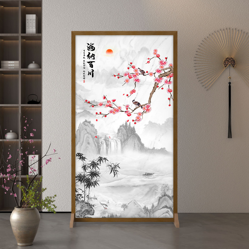 新中式简约现代隔断入户布艺遮挡客厅木质屏风玄关装饰移动座屏风|undefined