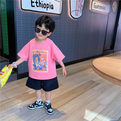 Boys' short-sleeved T-shirt 2024 new summer clothes Korean version children's pink half-sleeved baby tops boys summer trendy