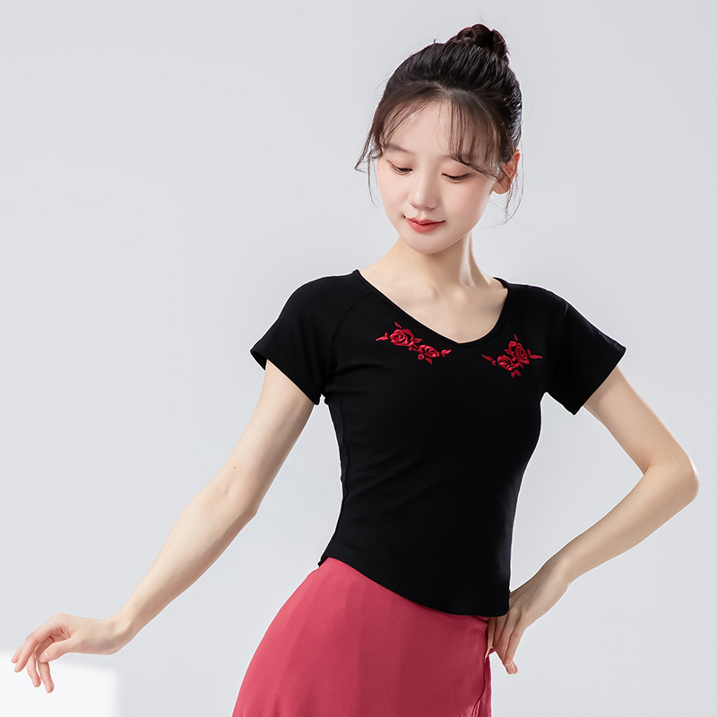 女性のためのモダンダンス服夏の新しいスリム半袖プリント毎日の練習ボディスーツ中国のダンス服トップ|undefined