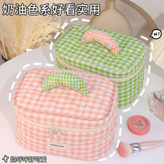 Macaron Grid Makeup Bag, Fresh and Trendy, High-End Cotton Fabric Portable Large Capacity Handbag Storage Bag, Women's Toiletry Bag