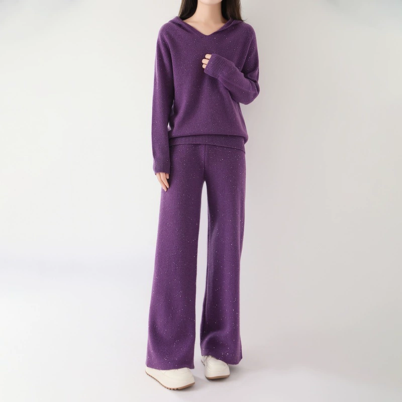 Золото и серебро Встроенный шерстяной трикотаж костюм женский с капюшоном пуловер модный свитер широкие ноги повседневные брюки набор из двух частей