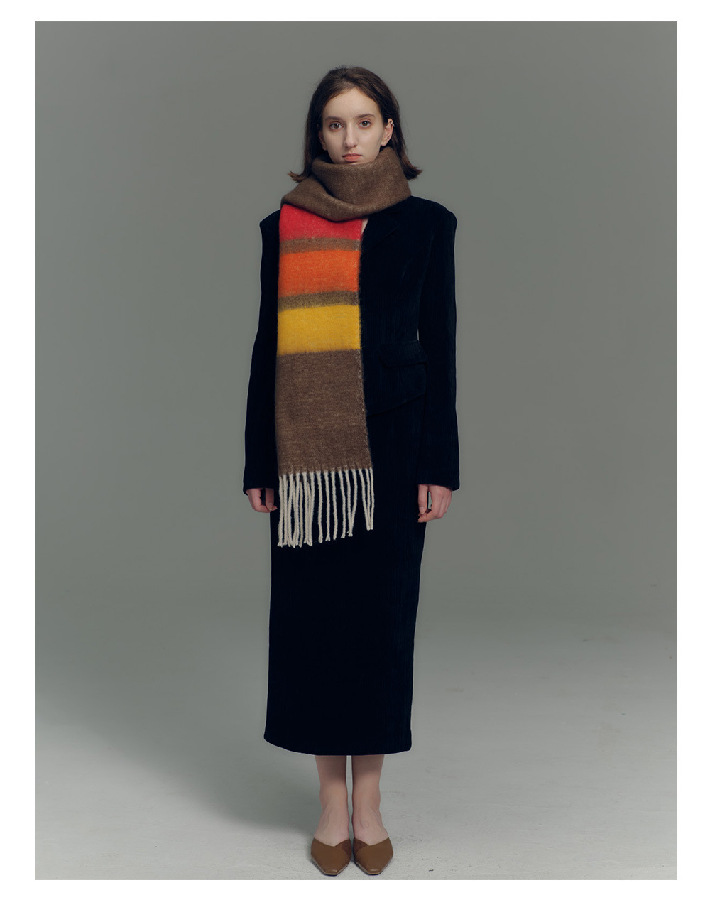 Designer-Schal mit Fransen aus Kaschmirimitat in Regenbogenfarben mit passenden Streifen für Damen im Herbst-/Winter-Stil mit weichem, verlängertem Halsausschnitt_voghion.com
