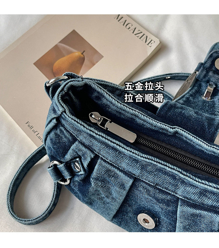 Túi đeo chéo nữ dáng hộp nhỏ kẹp nách vải denim xếp nếp phong cách Hàn Quốc — Cao bồi xanh, Màu xanh cổ điển, đen chi tiết 7