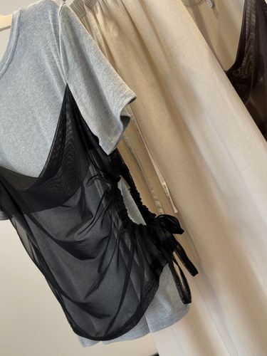 Gray fake two-piece mesh drawstring short-sleeve T-shirt women's summer high-end niche splicing all-match casual slimming top