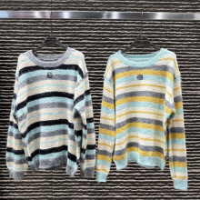 LW25秋冬新款马海毛圆领慵懒感条纹宽松中长款套头毛衣