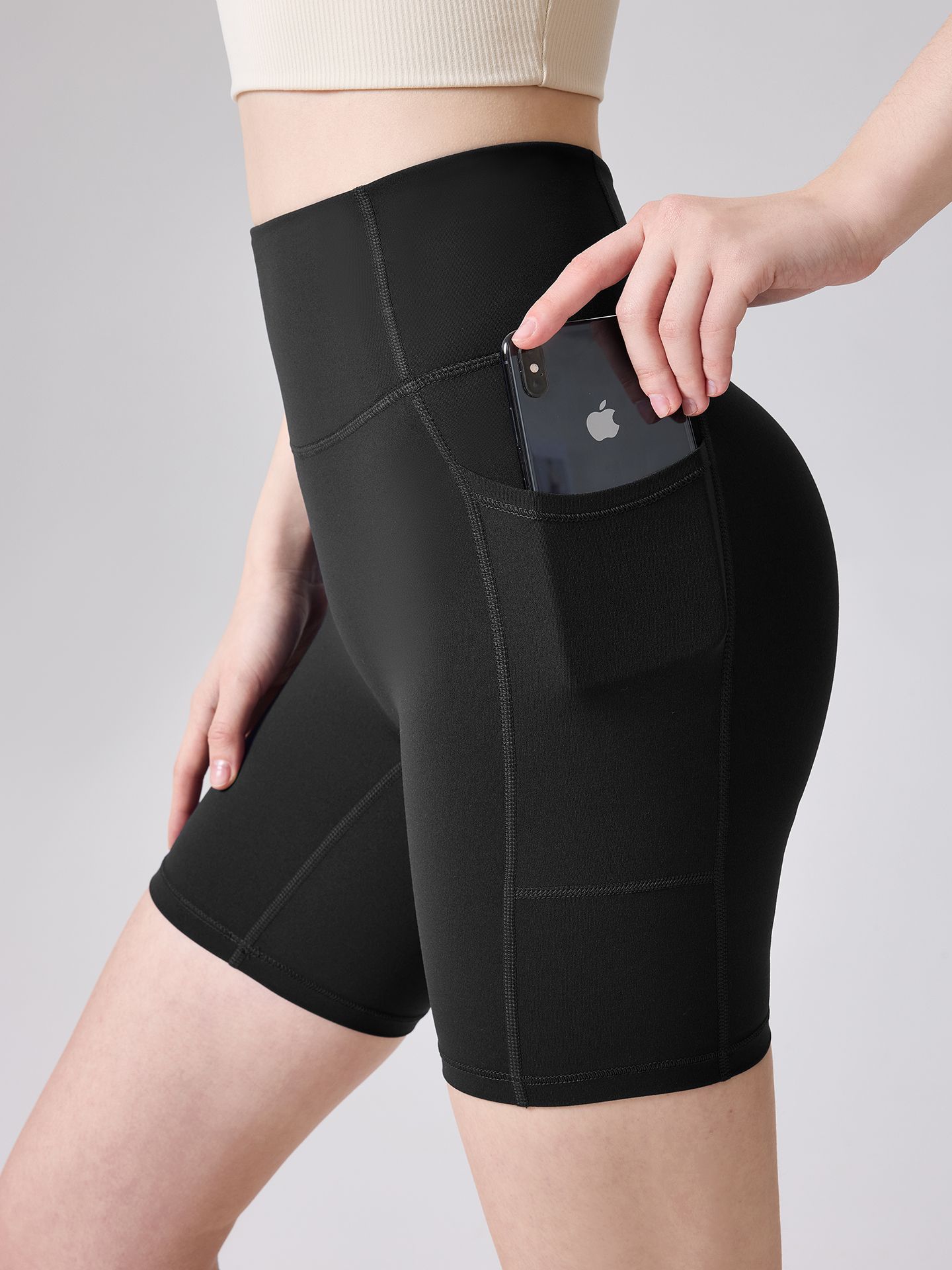 Verano nuevo N66 Laica alto elástico ángulo plano pantalones cortos de yoga apretados bolsillos grandes dobles cintura y abdomen para elevar el estómago
