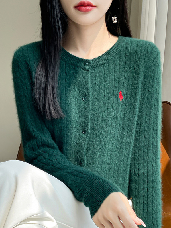 2025新款秋冬羊毛针织开衫女刺绣马麻花圆领开衫休闲简约外套|undefined