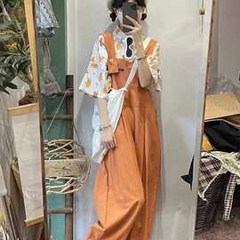 春秋新款日系复古学院风背带裤女学生韩版宽松休闲橘色阔腿裤