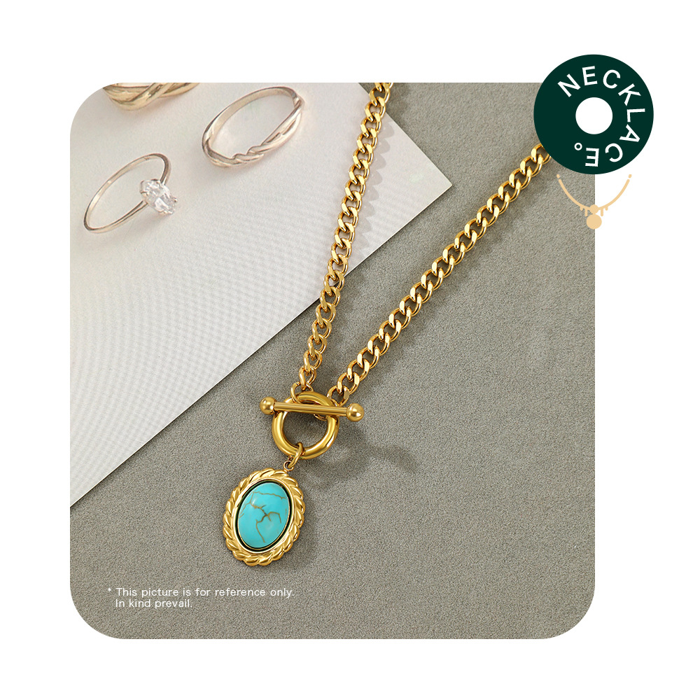 20g Weight Vacuum Plating Gold Plating Process Real Gold Plated Plating Material December Birthstone Turquoise Inlay Material Pendant Necklace Classification Wholesale Jewelry Fashion Oval 304 Stainless Steel Turquoise Plating Stainless Steel Necklaces