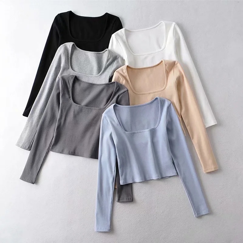 Solid color long-sleeved crop top NSHS46904